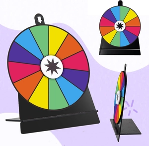 Detailed views of a 6-inch colorful acrylic prize wheel with stable L-shaped base for events
