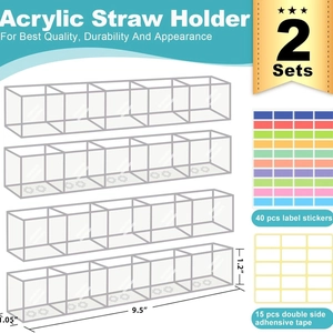 2-Pack adjustable acrylic straw holders with adhesive stickers and labels for kitchen storage