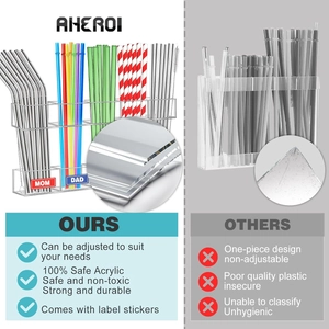 Adjustable acrylic straw organizer with labeling stickers for cupboard wall mounting