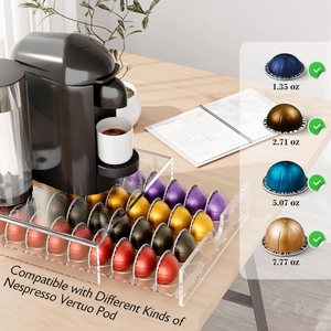 Macro detail of acrylic coffee pod drawer for Nespresso Vertuo with 40 slots