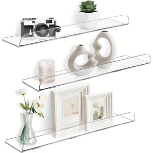 Set of three clear acrylic floating shelves for modern minimalist wall organization
