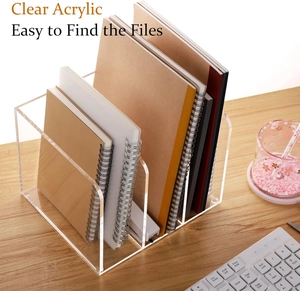 Detailed macro view of a 3-slot clear acrylic file organizer with spiral notebooks inside