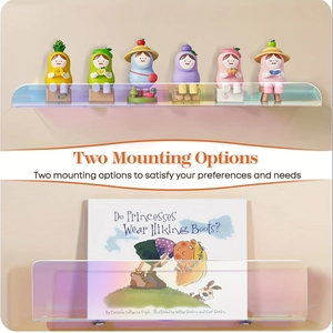 Iridescent acrylic floating shelf showing u-shaped wall mount for books and toys