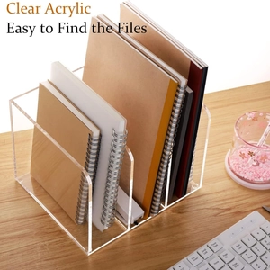 Transparent 3-slot acrylic desk organizer for office documents and books on wooden desk