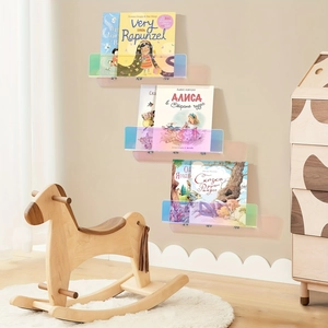 Set of three colorful rainbow acrylic floating shelves for nursery wall storage decor