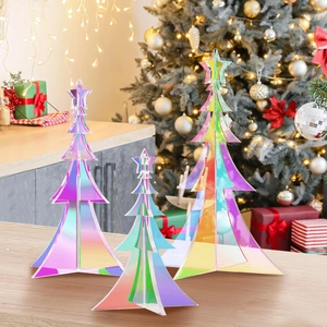 Set of 3 iridescent acrylic Christmas tree desktop ornaments with star toppers