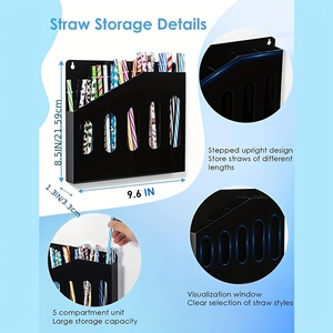 Black acrylic 5-slot wall-mounted straw holder organizer with tiered design and dimensions