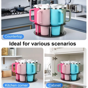Rotating acrylic cup holder for storage and drainage shown in kitchen and cabinet scenarios
