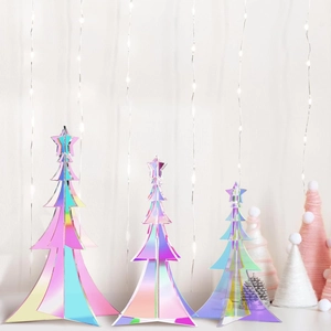 Iridescent Acrylic Christmas Tree Tabletop Decor Set Laser Rainbow 3D Interlocking Xmas Trees Ornaments For Home Office Desktop Decor