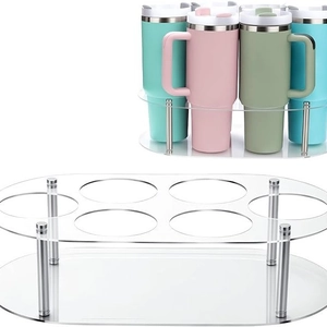 Rotating acrylic cup holder detail with tiered slots for large insulated tumblers