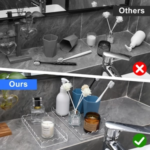 Comparison showing organized wave-edge acrylic bathroom tray versus cluttered counter space