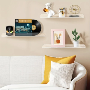 Detailed view of three floating acrylic shelves showing smooth edges and rounded guardrails