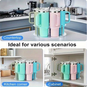 Rotating acrylic water bottle organizer for Stanley cups on kitchen countertop and cabinet