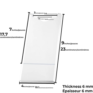 Clear acrylic couch and bed stopper with detailed height and width dimension labels
