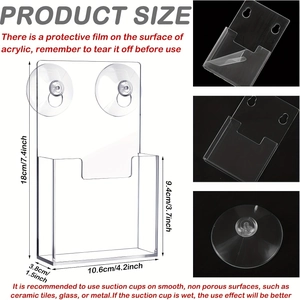 Set of 2 clear acrylic wall brochure holders with suction cups and detailed dimensions