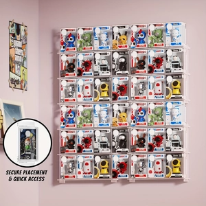 Wall-mounted clear acrylic display shelf for Funko Pop boxes and collectibles showcase