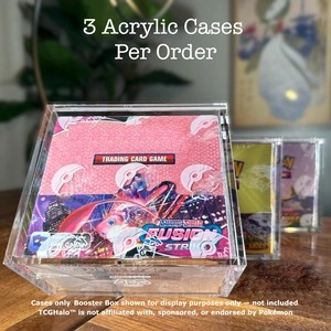 Set of 3 clear acrylic display cases for TCG booster boxes with high transparency finish