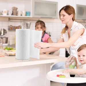 Vertical acrylic and stainless steel kitchen paper towel holder for countertop organization