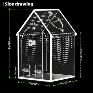 Transparent acrylic house-shaped reptile feeder tank dimensions 20x12x12 cm with heart detail