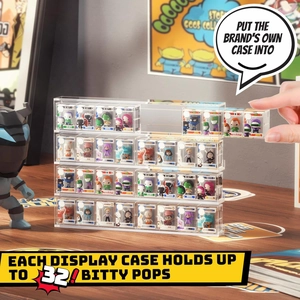 Clear 4-tier acrylic display case with slide slots for 32 mini figures on a desk