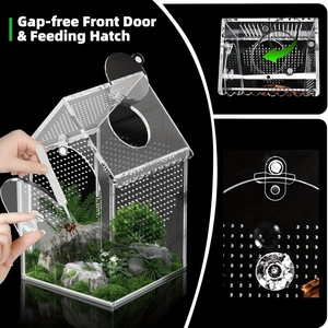 Detail of acrylic insect terrarium featuring a gap-free front door and feeding hatch