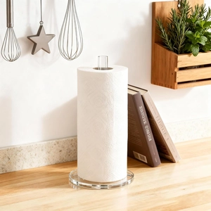 Modern clear acrylic vertical paper towel holder stand with round base for kitchen storage