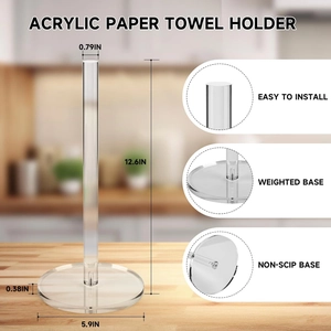 Vertical clear acrylic paper towel holder with stable round base and size dimensions