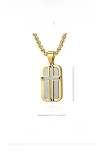 Detail of cross pendant in gold and silver titanium steel showing dimensions 28x16mm