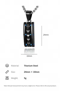 Detailed view of bicolor titanium steel pyramid pendant with geometric texture in blue and black