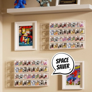 Clear acrylic wall mount display cases for mini figures with multi-tier storage slots
