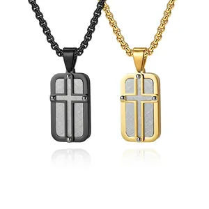 Industrial Stainless Steel Cross Pendant Necklace For Men Brushed Rectangular Military Tag Jewelry Gold Black Punk Style