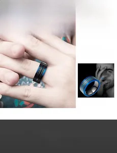 Détail de la bague pour homme en acier inoxydable poli avec insert en fibre de carbone