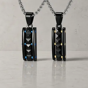 Men Vintage Industrial Punk Pyramid Pendant Necklace Stainless Steel Geometric Rectangle Black Gold Blue Charm Jewelry