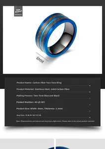 Détails d'une bague en acier inoxydable et fibre de carbone bleue de 8mm de large