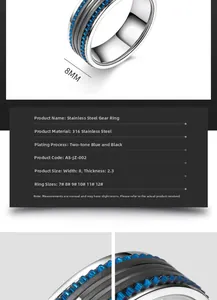 Tableau des tailles détaillé pour bague engrenage 8mm en acier bleu et noir
