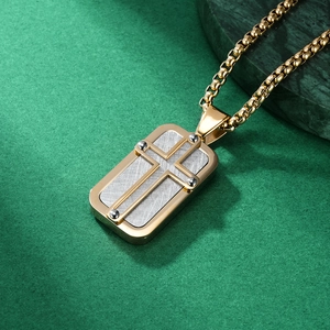 Mechanical style two-tone stainless steel cross military tag pendant with golden box chain