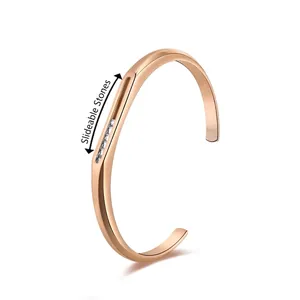 Jonc Ouvert en Forme de C Minimaliste en Acier Inoxydable pour Femmes Poli Or Rose Argent avec Strass Coulissants Bracelet