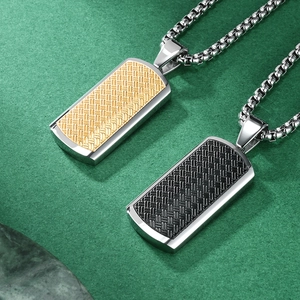 Stainless steel dog tag necklace featuring a unique woven texture and polished mirror finish