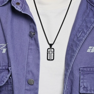 Cross tag necklace in stainless steel with brushed metal inlay and black chain link