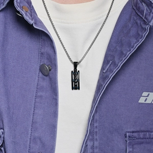 Men's geometric pyramid pendant necklace with blue textured modules and steel chain