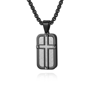 Industrial mens cross pendant necklace with black matte frame and silver brushed metal inlay