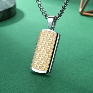Two-tone stainless steel rectangular pendant with golden woven texture on a box chain