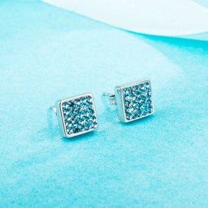Square stainless steel stud earrings featuring sparkling light blue pave crystals