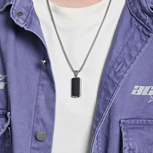 Men's stainless steel necklace with black carbon fiber pendant on silver chain