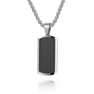 Minimalist square titanium steel pendant with black woven texture and silver finish