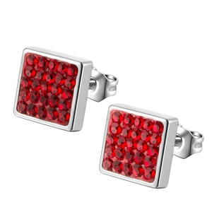 Square stainless steel stud earrings with vibrant red crystals in a silver finish