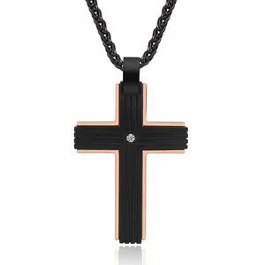 Stainless Steel Cross Pendant Necklace For Men Two-Tone Black And Rose Gold Religious Jewelry With Rhinestone Inlay
