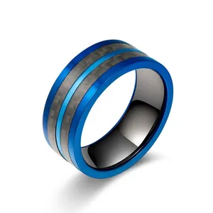 Bague Bicolore en Fibre de Carbone pour Hommes Bleu Noir Acier Inoxydable Mode Style Industriel Moderne Bijoux Cadeau