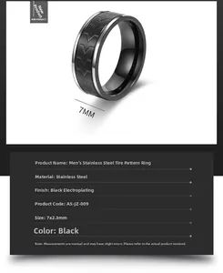 Detail of 7mm men's stainless steel ring with tire tread pattern in silver and black