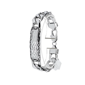 Men's retro stainless steel Cuban chain bracelet with hammered plate and engraved detail